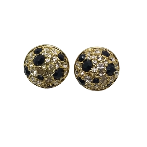 SWAROVSKI VINTAGE GOLDTONE WITH BLACK & WHITE CRYSTAL BUTTON EARRINGS - Picture 3 of 7